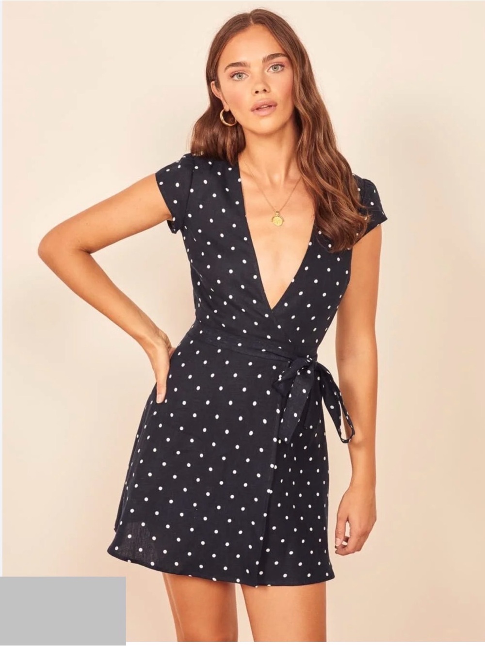 Reformation Linen Blue Polka Dot Wrap Mini Dress Size XS